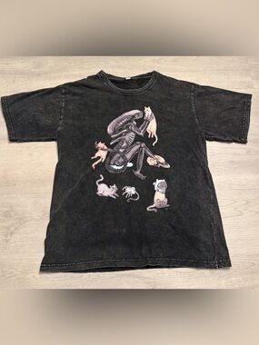 Alien Xenomorph Cats Funny Short Sleeve T Shirt M Charcoal Men's M Cartoon Tee